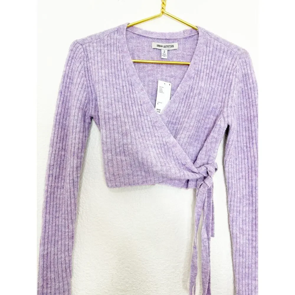 NWT Urban Outfitters Bibi Wrap Sweater Top Size Small Purple Knit Crop Ballerina
